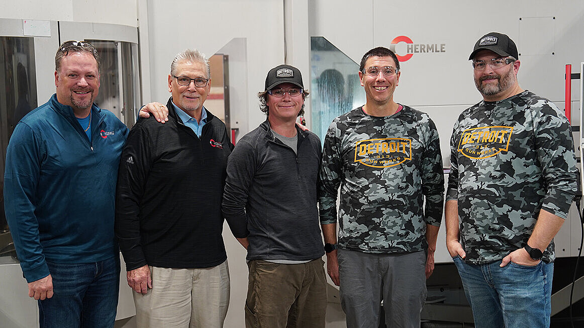 Left to right: Mark Schlanderer, President of 5Xi; Ken Merk, Regional Sales Manager of HERMLE USA; Matt Heller, Vice President of Detroit Gun Works; Arnot Heller, President of Detroit Gun Works; Adam Yednock, Accounting Manager of Detroit Gun Works