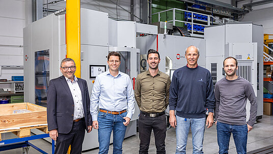 Manfred Pantel, Hermle Sales; Michael Biersack, Technical Managing Director; Tobias Klinger, Production Manager; Gerhard Bissinger, Milling Team Leader and Christian Karg, CAM Programmer